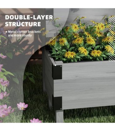 Outsunny Raised Garden Bed with Trellis, 2-Tier Wooden Elevated Planter Box  for Vegetables, Flowers, Herbs, Grey