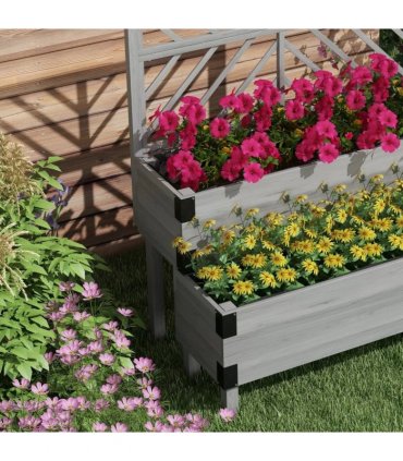 Outsunny Raised Garden Bed with Trellis, 2-Tier Wooden Elevated Planter Box  for Vegetables, Flowers, Herbs, Grey