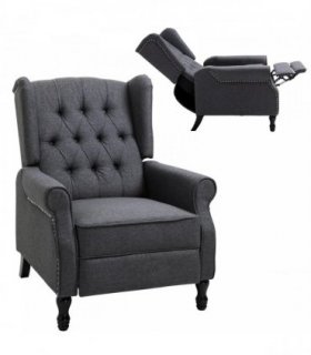 HOMCOM Recliner Armchair, Vintage Reclining Chair with Nail Head Trim, Wingback Chair with Button Tufted Back and Footrest, for Living Room, Dark Grey