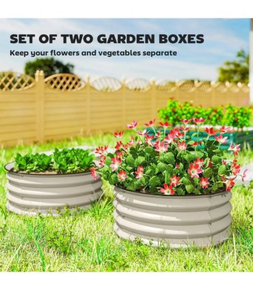 Outsunny Set of 2 Raised Garden Bed, Metal Planter Box with Safety Edging, Easy-to-assemble Stock Tank, Cream White
