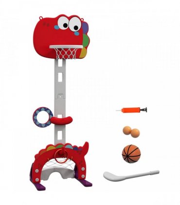 AIYAPLAY 5-in-1 Dinosaur Basketball Set with Adjustable Basketball Stand and Golf Game, Indoor for Boys Girls, Red