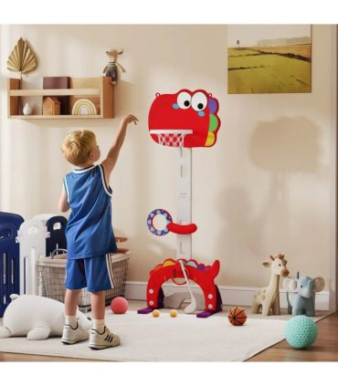 AIYAPLAY 5-in-1 Dinosaur Basketball Set with Adjustable Basketball Stand and Golf Game, Indoor for Boys Girls, Red