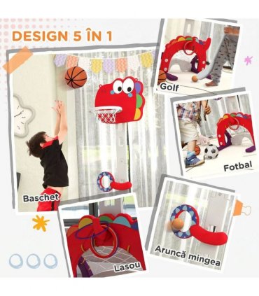 AIYAPLAY 5-in-1 Dinosaur Basketball Set with Adjustable Basketball Stand and Golf Game, Indoor for Boys Girls, Red