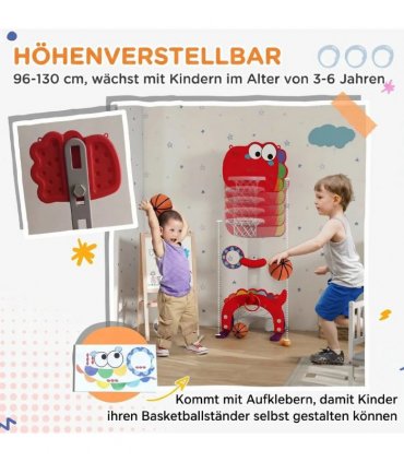 AIYAPLAY 5-in-1 Dinosaur Basketball Set with Adjustable Basketball Stand and Golf Game, Indoor for Boys Girls, Red
