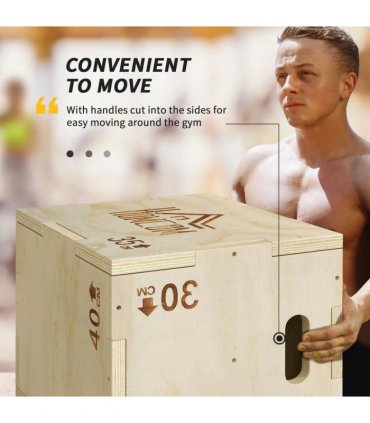 HOMCOM 3-in-1 Wooden Plyo Box, Plyometric Jump Box with Handle Openings for Home Gym, 12" x 14" x 16", Natural