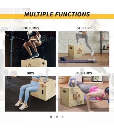 HOMCOM 3-in-1 Wooden Plyo Box, Plyometric Jump Box with Handle Openings for Home Gym, 12" x 14" x 16", Natural