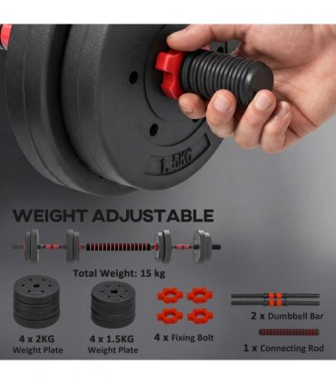 HOMCOM 15kg 2 in 1 Adjustable Dumbbells Weight Set, Dumbbell Hand Weight Barbell for Weight Training, Black