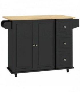HOMCOM Kitchen Island with Drop Leaf, Rolling Kitchen Storage Trolley on Wheels with 3 Drawers, Black