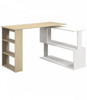 HOMCOM Corner Computer Desk, L Shaped Desk with 360° Rotating Bookshelf, 120L x 110W x 74.5H cm, Natural and White