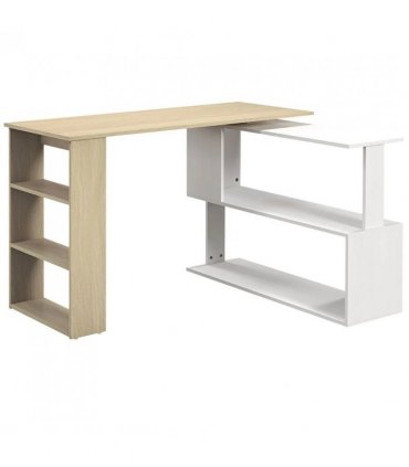 HOMCOM Corner Computer Desk, L Shaped Desk with 360° Rotating Bookshelf, 120L x 110W x 74.5H cm, Natural and White