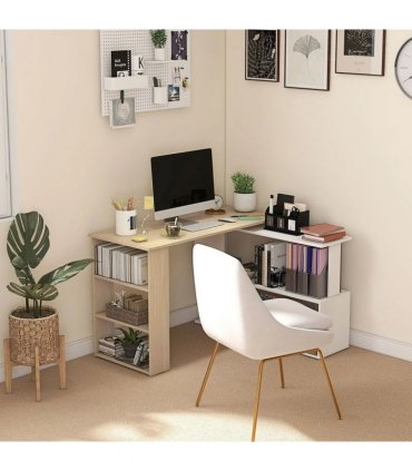 HOMCOM Corner Computer Desk, L Shaped Desk with 360° Rotating Bookshelf, 120L x 110W x 74.5H cm, Natural and White