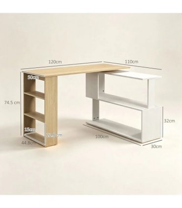 HOMCOM Corner Computer Desk, L Shaped Desk with 360° Rotating Bookshelf, 120L x 110W x 74.5H cm, Natural and White