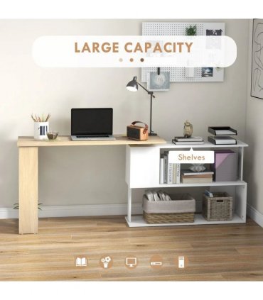 HOMCOM Corner Computer Desk, L Shaped Desk with 360° Rotating Bookshelf, 120L x 110W x 74.5H cm, Natural and White