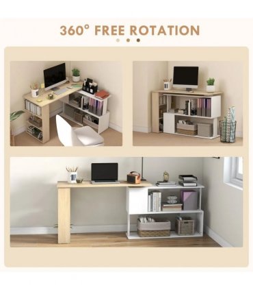 HOMCOM Corner Computer Desk, L Shaped Desk with 360° Rotating Bookshelf, 120L x 110W x 74.5H cm, Natural and White