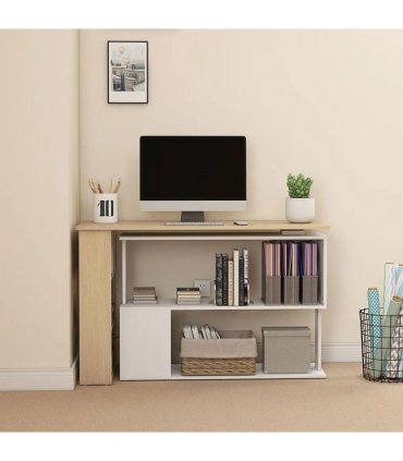HOMCOM Corner Computer Desk, L Shaped Desk with 360° Rotating Bookshelf, 120L x 110W x 74.5H cm, Natural and White