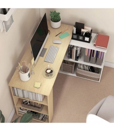 HOMCOM Corner Computer Desk, L Shaped Desk with 360° Rotating Bookshelf, 120L x 110W x 74.5H cm, Natural and White
