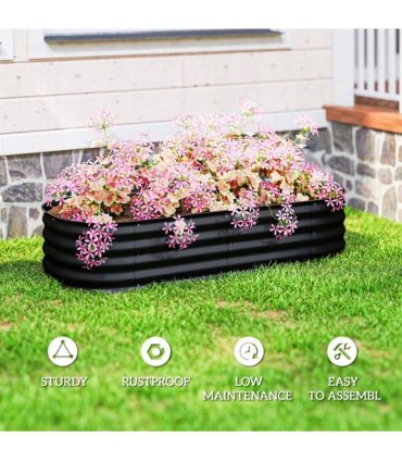 Outsunny Galvanised Raised Garden Bed, Metal Planter Box with Safety Edging, for Flowers, Herbs, Succulents, Black