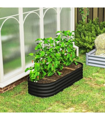Outsunny Galvanised Raised Garden Bed, Metal Planter Box with Safety Edging, for Flowers, Herbs, Succulents, Black