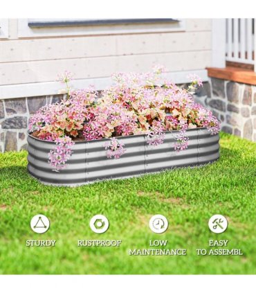 Outsunny Galvanised Raised Garden Bed, Metal Planter Box with Safety Edging, for Flowers, Herbs, Succulents, Silver