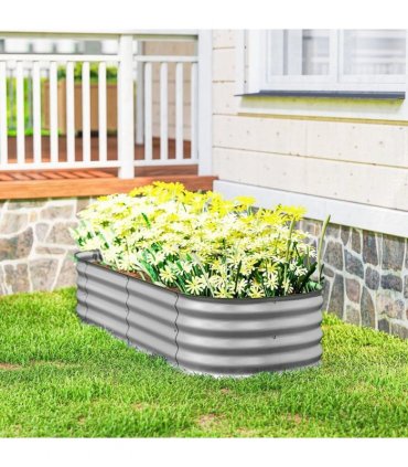 Outsunny Galvanised Raised Garden Bed, Metal Planter Box with Safety Edging, for Flowers, Herbs, Succulents, Silver