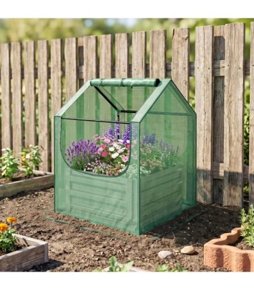 Outsunny 61 x 61cm Garden Planter Bed, with Cover - Green and Silver