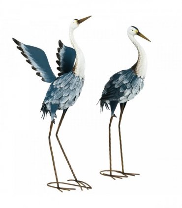 Outsunny Heron Garden Statues, Standing Garden Ornament, Metal Garden Gift with Stakes, Blue & White