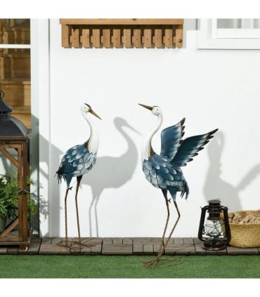 Outsunny Heron Garden Statues, Standing Garden Ornament, Metal Garden Gift with Stakes, Blue & White