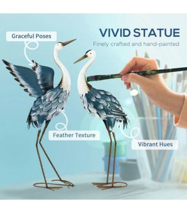 Outsunny Heron Garden Statues, Standing Garden Ornament, Metal Garden Gift with Stakes, Blue & White