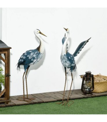 Outsunny Heron Garden Statues, Standing Garden Ornament, Metal Garden Gift with Stakes, Blue & White