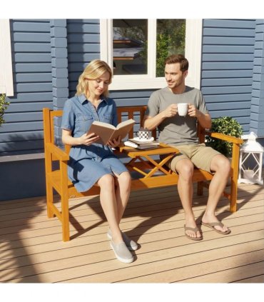 Outsunny Wooden Bench with Liftable Middle Table, Outdoor Bench, Patio Loveseat for Porch, Garden, Seats 2-3 People