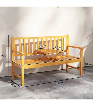 Outsunny Wooden Bench with Liftable Middle Table, Outdoor Bench, Patio Loveseat for Porch, Garden, Seats 2-3 People