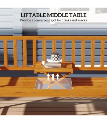 Outsunny Wooden Bench with Liftable Middle Table, Outdoor Bench, Patio Loveseat for Porch, Garden, Seats 2-3 People