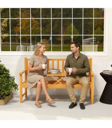 Outsunny Wooden Bench with Liftable Middle Table, Outdoor Bench, Patio Loveseat for Porch, Garden, Seats 2-3 People