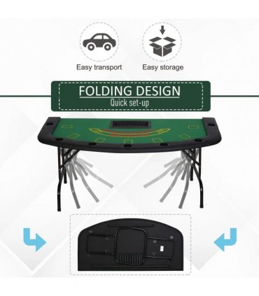 HOMCOM Poker Table, 7-Player Folding Blackjack Table with Chip Tray, Cup Holders, Padded Rails, 182 x 91 x 75 cm, Green