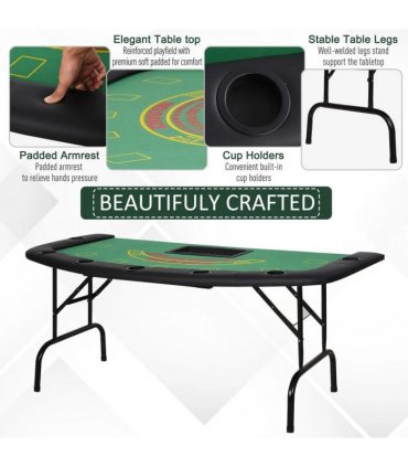 HOMCOM Poker Table, 7-Player Folding Blackjack Table with Chip Tray, Cup Holders, Padded Rails, 182 x 91 x 75 cm, Green