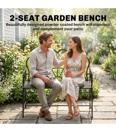 Outsunny Metal Garden Bench Loveseat with Slatted Seat, Black