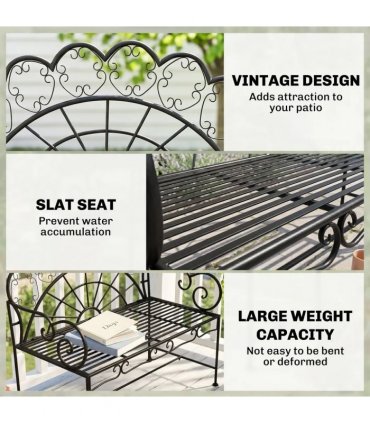 Outsunny Metal Garden Bench Loveseat with Slatted Seat, Black
