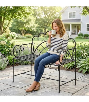 Outsunny Metal Garden Bench Loveseat with Slatted Seat, Black