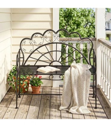 Outsunny Metal Garden Bench Loveseat with Slatted Seat, Black