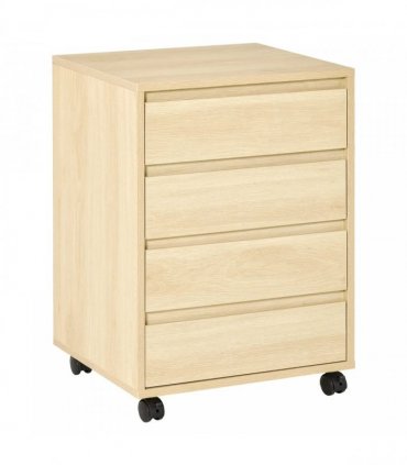 HOMCOM Four-Drawer Office Filing Cabinet, with Wheels - Natural Wood Finish