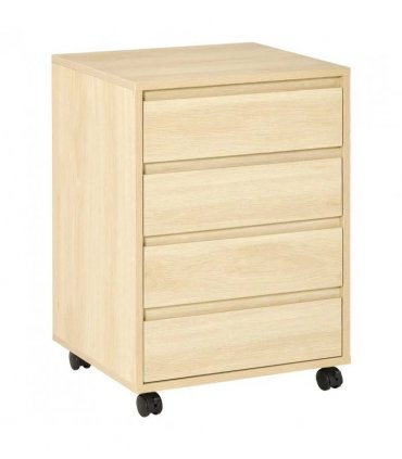 HOMCOM Four-Drawer Office Filing Cabinet, with Wheels - Natural Wood Finish