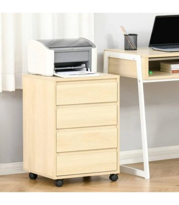 HOMCOM Four-Drawer Office Filing Cabinet, with Wheels - Natural Wood Finish