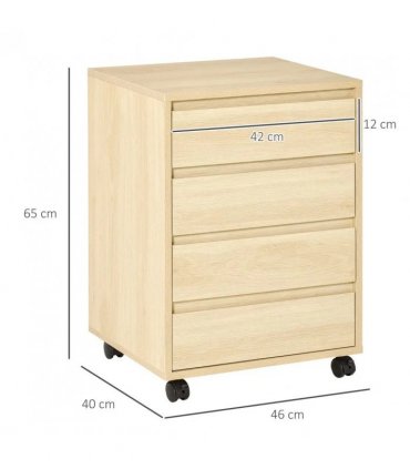 HOMCOM Four-Drawer Office Filing Cabinet, with Wheels - Natural Wood Finish