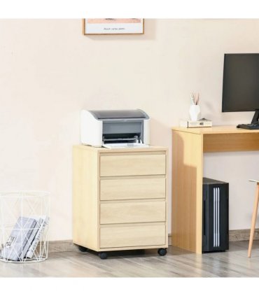 HOMCOM Four-Drawer Office Filing Cabinet, with Wheels - Natural Wood Finish