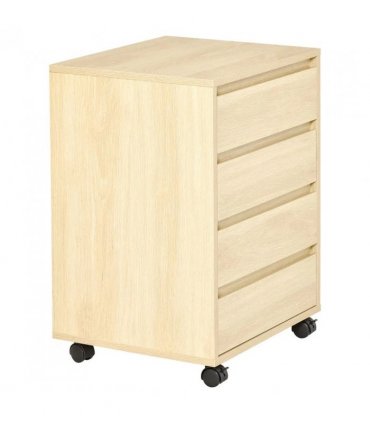 HOMCOM Four-Drawer Office Filing Cabinet, with Wheels - Natural Wood Finish