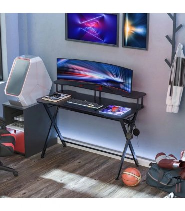 HOMCOM Gaming Desk Writing Racing Computer Table Workstation with Headphone Hook Curved Front Adjustable Feet for Home Office Use 140 x 60cm