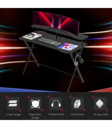 HOMCOM Gaming Desk Writing Racing Computer Table Workstation with Headphone Hook Curved Front Adjustable Feet for Home Office Use 140 x 60cm