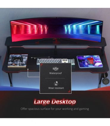 HOMCOM Gaming Desk Writing Racing Computer Table Workstation with Headphone Hook Curved Front Adjustable Feet for Home Office Use 140 x 60cm