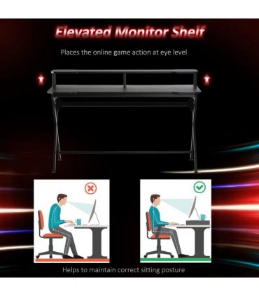 HOMCOM Gaming Desk Writing Racing Computer Table Workstation with Headphone Hook Curved Front Adjustable Feet for Home Office Use 140 x 60cm