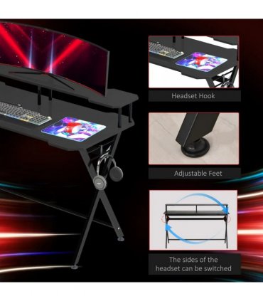 HOMCOM Gaming Desk Writing Racing Computer Table Workstation with Headphone Hook Curved Front Adjustable Feet for Home Office Use 140 x 60cm